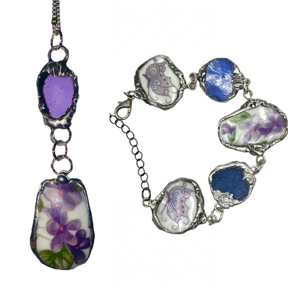 Violets Broken China & Sea Glass Artisan Silver-Blend Metalwork Bezel Pendant - Picture 15 of 17